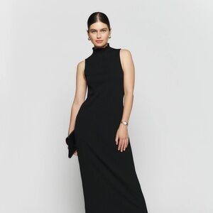 Reformation Black Marbella Midi High Neck Pleated Dress
